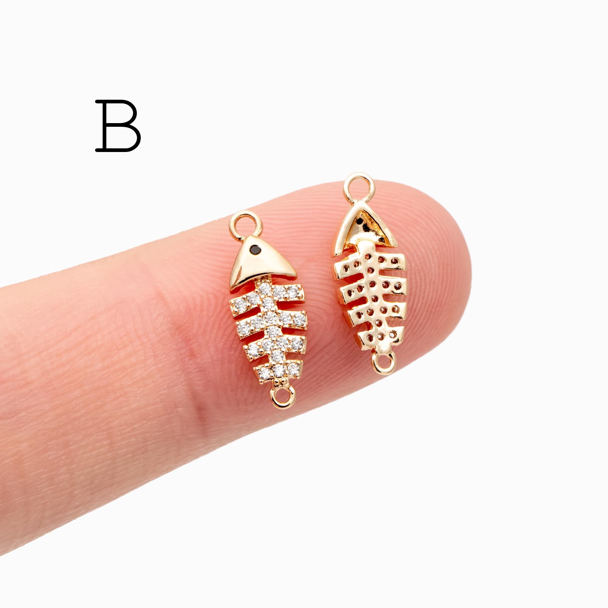 4pcs Gold/ Silver Tone Fishbone Charm, Gold/ Rhodium Plated Brass Fishbone Pendant, Skeleton Pendant (GB-2936)